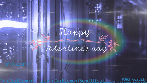 Animation-of-happy-valentines-day-text-banner-over-rainbow-lens-flare-against-server-room