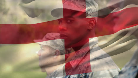 Animation-Der-Flagge-Englands-über-Verschiedenen-Männlichen-Soldaten