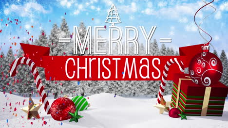 Animation-of-merry-christmas-text-banner-over-christmas-gifts-and-decoartions-on-winter-landscape