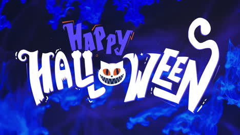 Animación-De-Texto-De-Feliz-Halloween-Y-Gato-Sobre-Fondo-Azul-Y-Negro