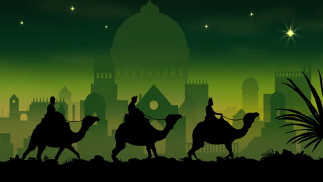 Animation-of-silhouette-of-three-wise-men-over-city-on-green-background