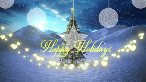 Animation-of-snow-falling-on-happy-holidays-text,-fairy-lights,-christmas-tree-on-winter-landscape