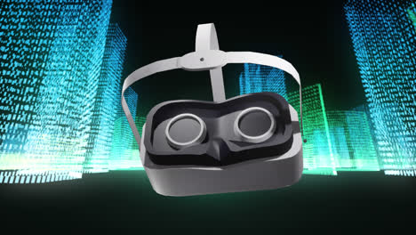 Animation-Eines-VR-Headsets-über-3D-Neonlichtern,-Die-Sich-Auf-Schwarzem-Hintergrund-Bewegen