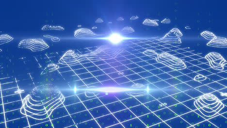Animation-of-binary-codes-and-lens-flares-over-abstract-patterns-on-grid-pattern
