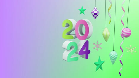Animation-of-christmas-decorations-and-year-2024-on-blue-and-green-background