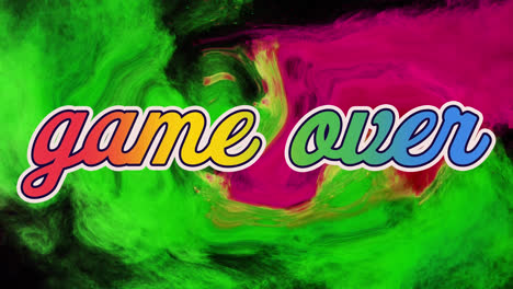 Animation-of-game-over-text-in-rainbow-colours-over-red-and-green-liquid-waves