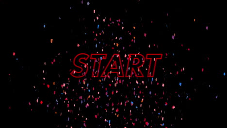 Animation-of-confetti-and-abstract-red-shapes-over-start-text-banner-against-black-background