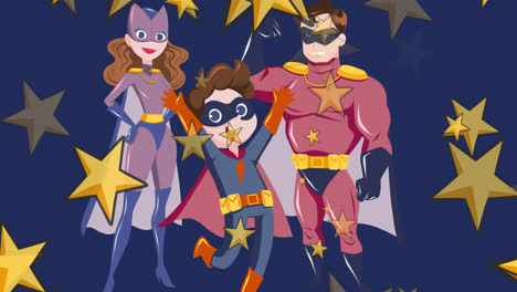 Animation-of-mother,-father-and-son-in-superhero-costumes-over-blue-background-with-stars