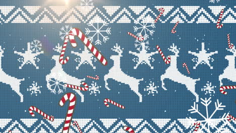 Animation-Von-Zuckerstangen,-Schneeflocken-Fallen-Vor-Traditionellem-Weihnachtsmuster-Auf-Blauem-Hintergrund