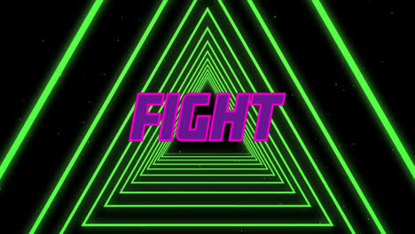 Animation-of-fight-pink-text-over-tunnel-of-green-glowing-triangles