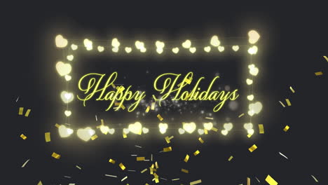 Animation-of-happy-holidays-text-over-christmas-heart-fairy-lights-on-black-background