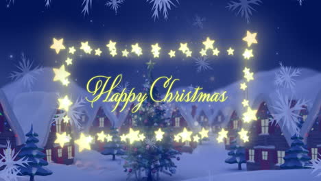 Animation-of-snowflakes-over-happy-christmas-text-over-fairylights-banner-against-winter-landscape