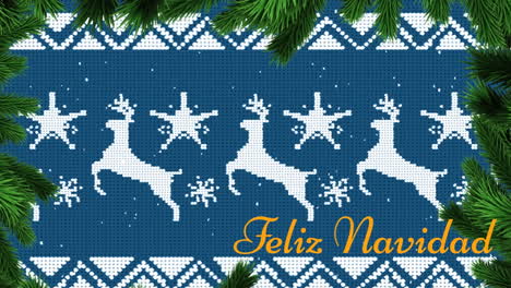 Animation-of-feliz-navidad-text-and-branches-over-traditional-christmas-pattern-in-seamless-motion