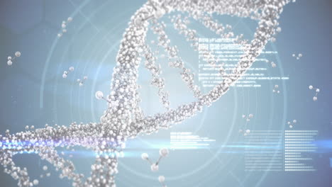 Animation-Von-DNA,-Molekülstrukturen-Und-Datenverarbeitung-Vor-Blauem-Hintergrund-Mit-Farbverlauf
