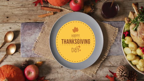 Animation-of-happy-thanksgiving-text-and-place-setting-over-wooden-background