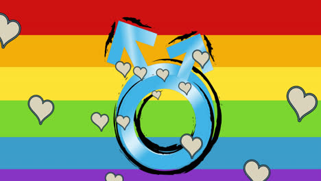 Animation-of-hearts-and-male-symbol-over-rainbow-background