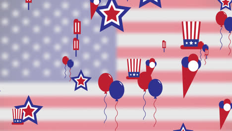 Animation-Von-Sternen,-Luftballons-Und-Zylindern-über-Dem-Hintergrund-Der-Flagge-Der-Vereinigten-Staaten-Von-Amerika
