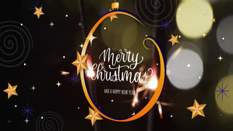 Animation-Von-Frohe-Weihnachten-Text-Und-Sternen-über-Beleuchteten-Wunderkerzen-Hintergrund