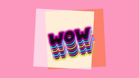Animation-of-neon-wow-text-banner-with-shadow-effect-against-square-shapes-on-pink-background