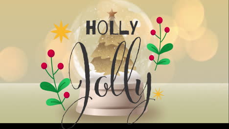 Animation-of-holly-jolly-text-with-lightning-over-christmas-tree-in-snow-globe-on-table