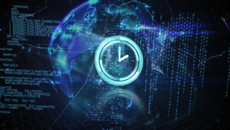 Animation-Einer-Tickenden-Uhr-Und-Datenverarbeitung-Vor-Einem-Globus-Aus-Plexus-Netzwerken-Auf-Blauem-Hintergrund