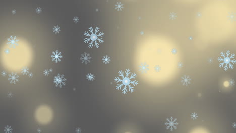 Animation-Von-Schneeflocken,-Die-Gegen-Leuchtende-Lichtpunkte-Auf-Grauem-Hintergrund-Mit-Kopierraum-Fallen