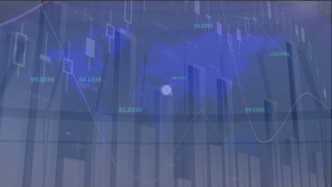 Animation-Der-Statistischen-Datenverarbeitung-über-Einem-Sich-Drehenden-Globus-Und-Einer-Weltkarte-Vor-Grauem-Hintergrund