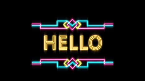 Animation-of-hello-text-between-illuminated-abstract-patterns-against-black-background