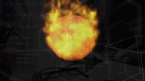 Animation-of-ball-of-fire-over-mathematical-equations-and-diagrams-against-black-background