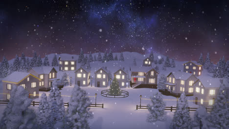 Animation-of-snow-falling-over-lit-houses-in-winter-scenery