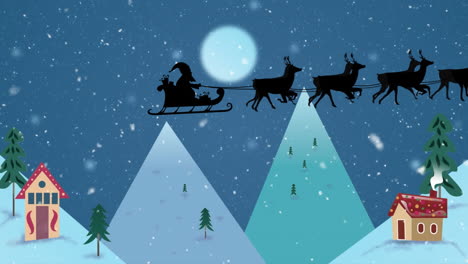 Animation-of-snow-falling-over-santa-claus-in-sleigh-pulled-by-reindeers-and-winter-landscape