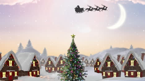 Animation-of-santa-claus-in-sleigh-pulled-by-reindeers-over-christmas-tree-on-winter-landscape