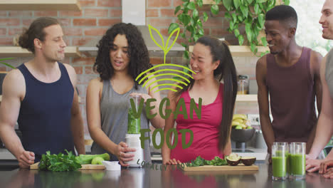 Animation-of-vegan-food-text-over-diverse-friends-making-vegetable-smoothies