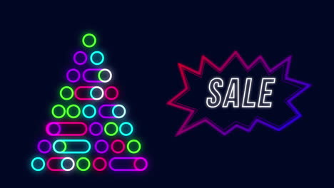 Animation-Von-Beleuchteten-Kreisen,-Die-Einen-Weihnachtsbaum-Und-Einen-Verkaufstext-In-Einer-Sprechblase-Bilden