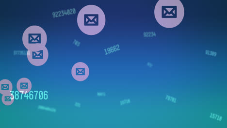 Animation-of-multiple-message-icons-and-changing-numbers-against-blue-gradient-background
