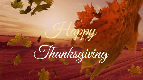 Animation-of-happy-thanksgiving-text-and-maple-leaves-falling-against-aerial-view-of-grassland