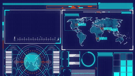 Animation-Der-Schnittstelle-Mit-Rotierendem-Globus,-Weltkarte-Und-Datenverarbeitung-Vor-Blauem-Hintergrund