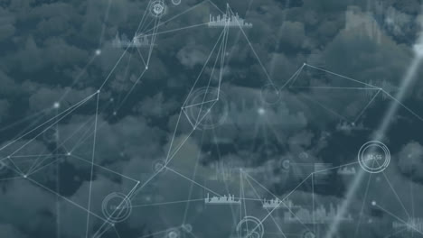 Animation-Roter-Partikel-über-Ein-Netzwerk-Von-Verbindungen-Und-Datenverarbeitung-Vor-Wolken-Am-Himmel