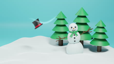 Animation-of-christmas-fir-trees-and-snowman-over-green-background