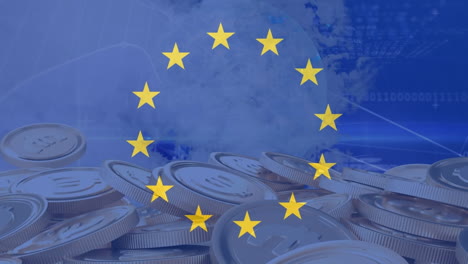Animation-Von-Sich-Drehenden-Kreisen-Auf-Der-EU-Flagge-Und-Einem-Haufen-Münzen-Vor-Dem-Hintergrund-Der-Datenverarbeitung-An-Der-Börse