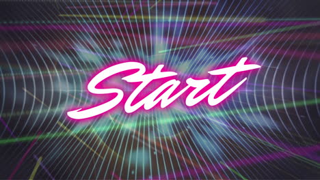Animation-of-neon-start-text-banner-over-light-trails-and-light-spots-against-black-background