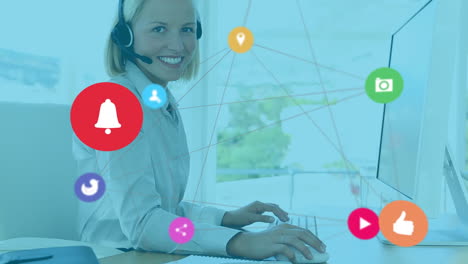 Animation-of-network-of-digital-icons-over-caucasian-woman-wearing-phone-headset-smiling-at-office