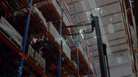 Animation-of-glowing-spots-of-light-over-forklift-and-stacked-shelves-in-warehouse,