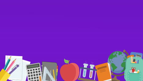 Animation-Mehrerer-Schulkonzeptsymbole-Vor-Violettem-Hintergrund-Mit-Kopierbereich