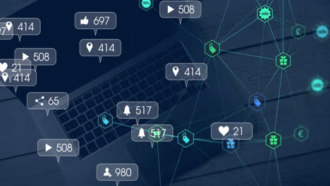 Animation-of-social-media-icons-with-numbers-and-connections-over-laptop
