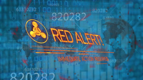 Animation-of-red-alert-text-banner-and-statistical-data-processing-against-blue-background
