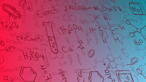 Animation-of-element-diagrams-and-chemical-equations-on-red-and-blue-background