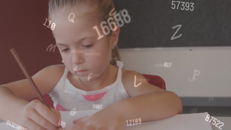 Animation-of-changing-numbers-and-multiple-letters-over-caucasian-girl-writing-in-book-at-classroom