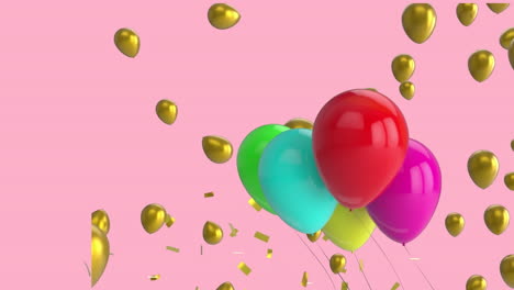 Animation-of-multi-coloured-balloons-with-copy-space-over-pink-background