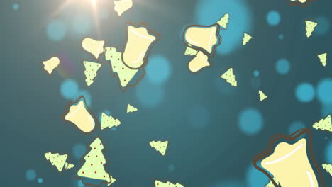 Animation-Von-Weihnachtsbaum--Und-Glockensymbolen-über-Lichtpunkten-Auf-Blauem-Hintergrund-Mit-Kopierraum